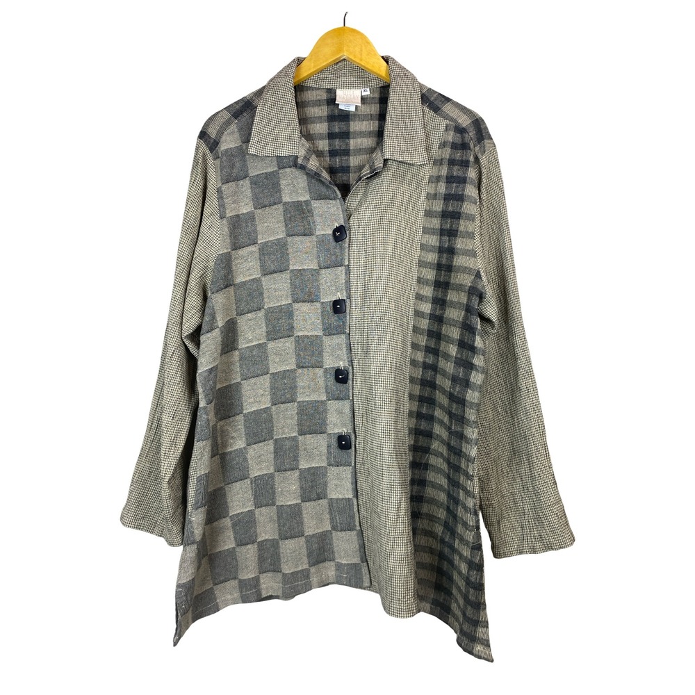 Vintage Mill Valley Women XL Tunic Cotton Linen Patch Plaid Lagenlook USA Artsy